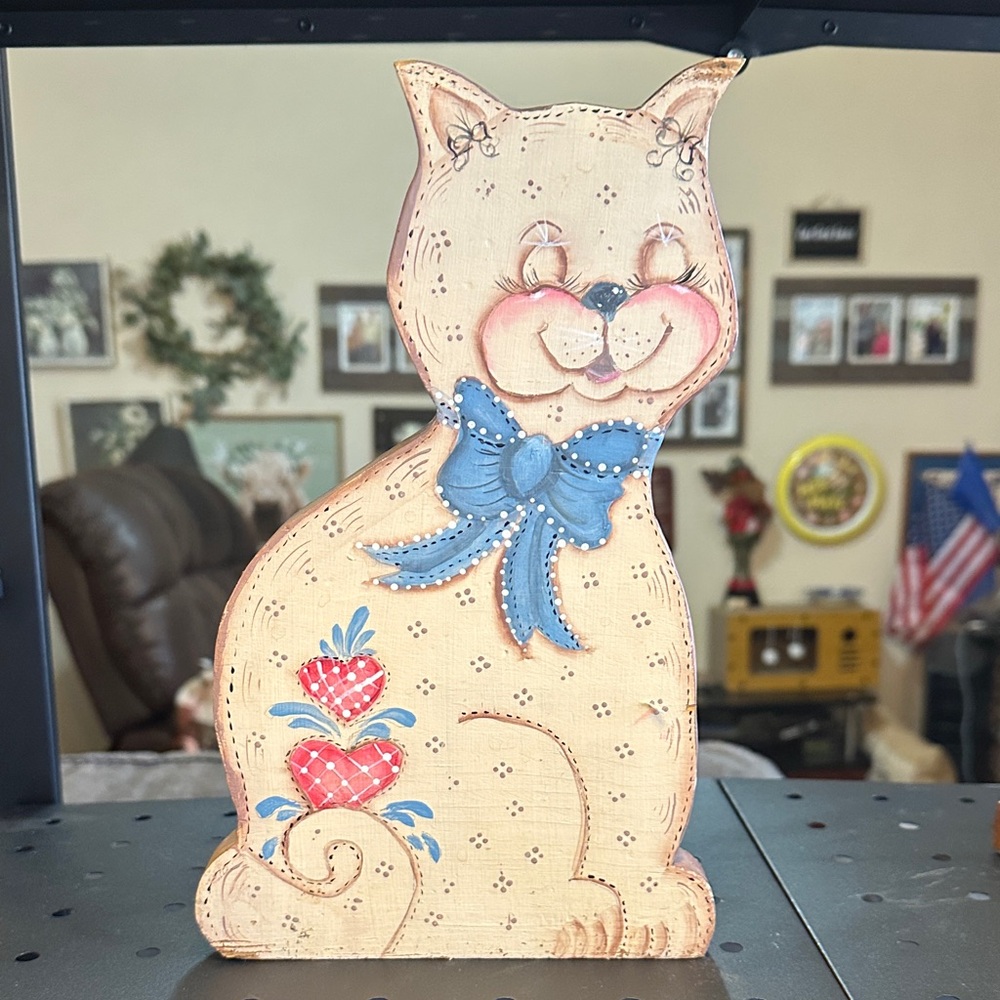 Handcrafted Door Stop Wooden Cat  with Blue Accents Cottage Core Home Decor